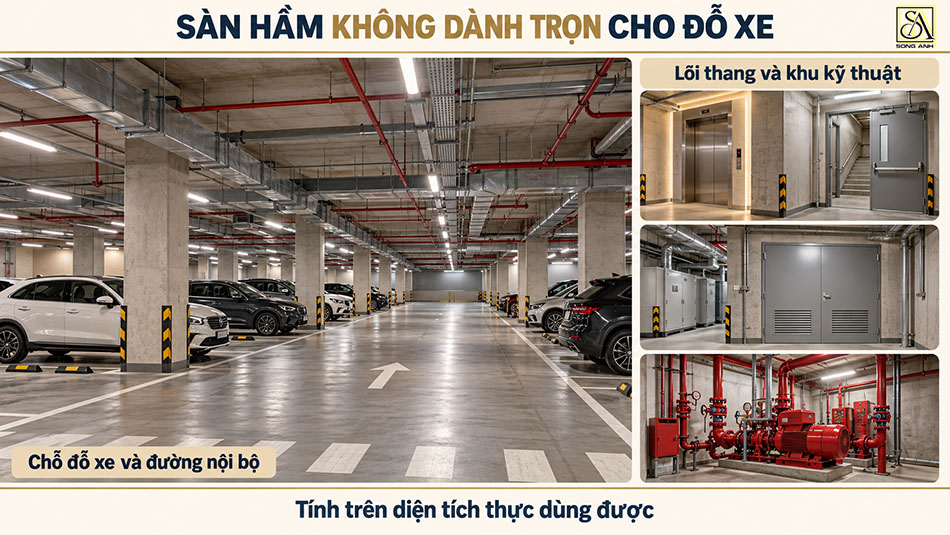 Phối cảnh cắt lớp chung cư cao tầng với hai tầng hầm, khu đỗ ô tô, xe máy và phòng kỹ thuật.